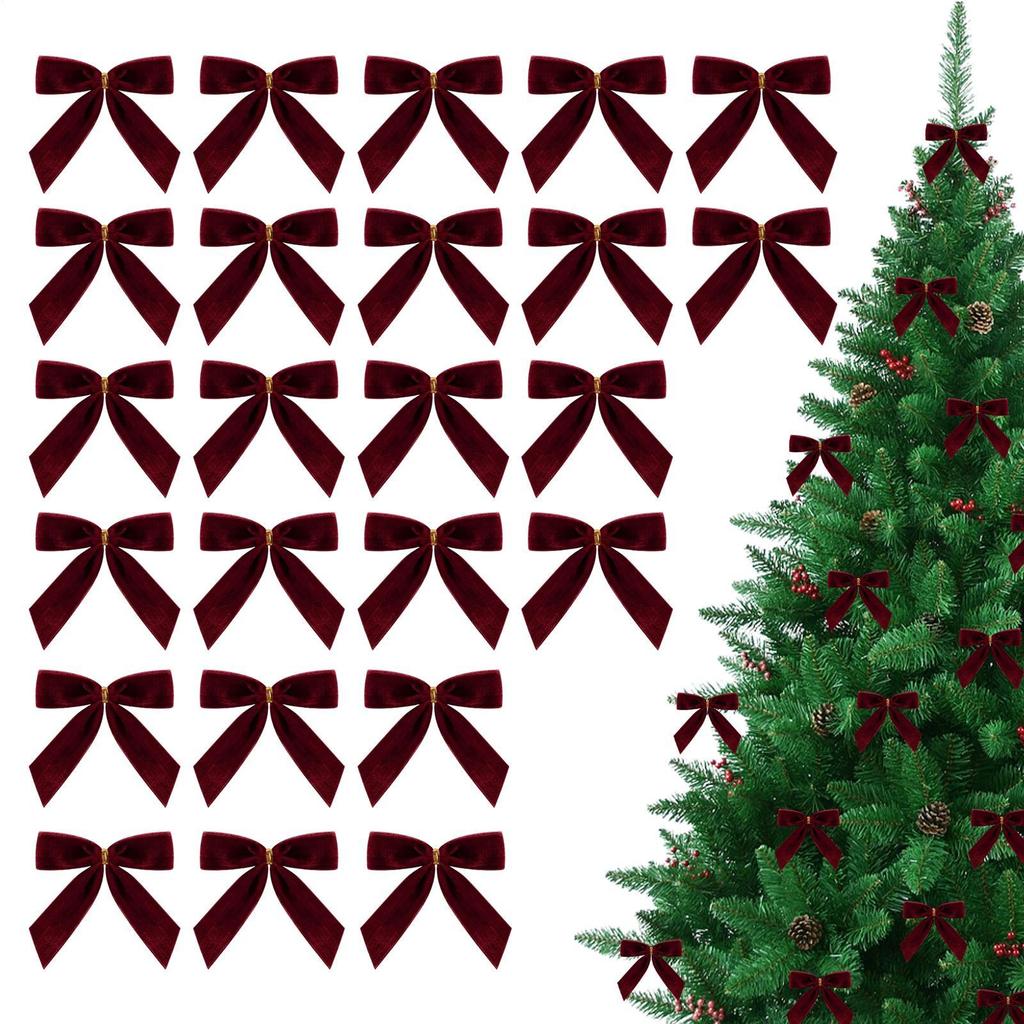 24 Pieces Christmas Tree Velvet Bows Wine Red Christmas Bow Vintage Ornaments Suitable For Flower Garlands Gift Packaging Crafts