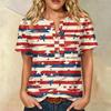 Women’s Casual Henley Button Neck Short Sleeve Cotton Linen Shirt with Chest Pocket and Independence Day Inspired Print Top