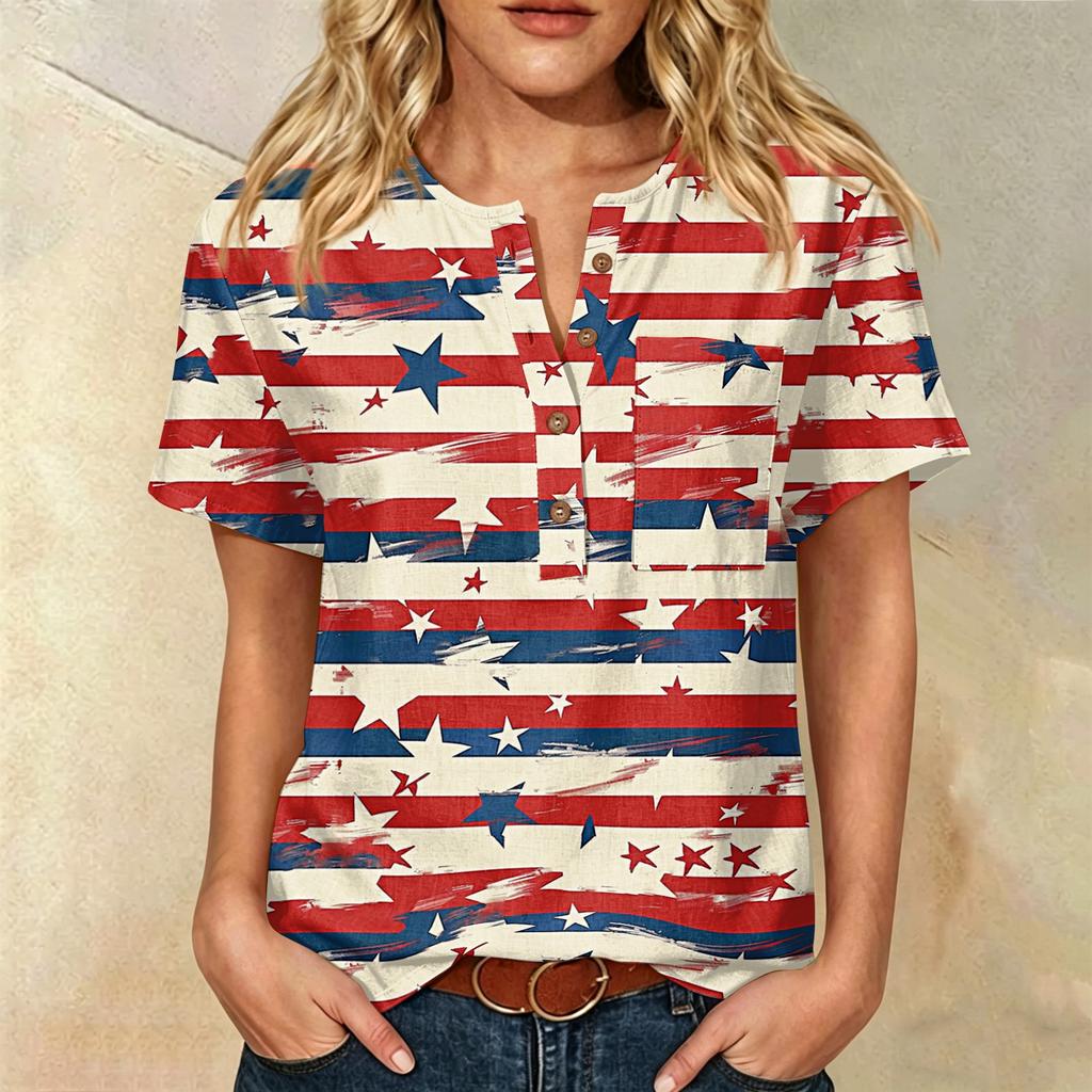 Women’s Casual Henley Button Neck Short Sleeve Cotton Linen Shirt with Chest Pocket and Independence Day Inspired Print Top