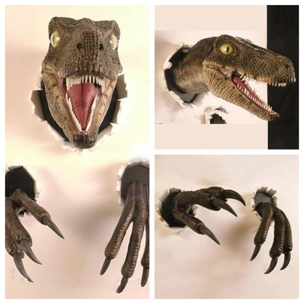 3Pcs/set Realistic Wall-Broken Velociraptor Statues Resin Jurassic T-REX Wall Sculpture Home Decor