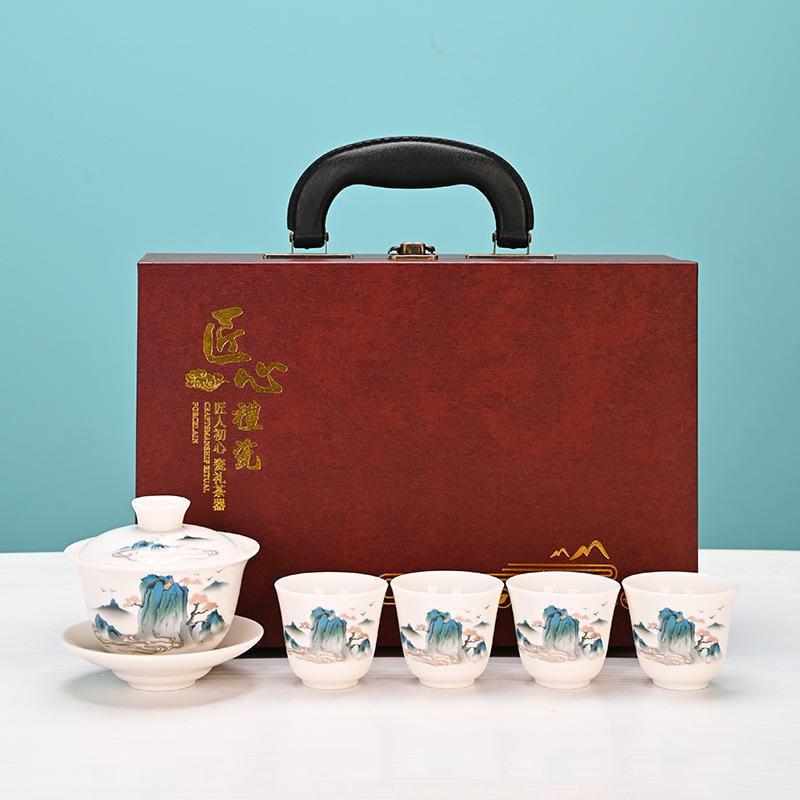 Dehua Suet Jade Porcelain Kung Fu Tea Set Gift Box, Thousands of Miles of Jiangshan, the Whole Set of Activities Accompanied by Hand Gifts
