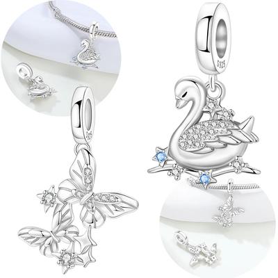 Charm Genuine Copper Blue Zirconia Simple Butterfly Swan Pendants Bead Fits Bracelets Women Jewellery DoItYourself Beautiful Gifts Crafting