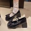 French Mary Jane High Heels Women's Pearl Bow Thick Heel Small Leather Shoes 2025 Autumn New with Skirt Single Shoes