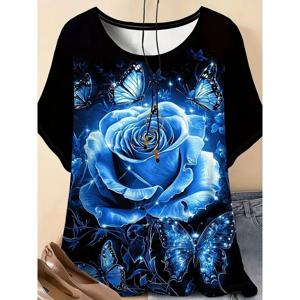 Summer Fashionable Colorful Casual Round Neck Short Sleeved T-shirt Comfortable Breathable Vintage Flower 3d Printed Versatile Loose Women's T-shirt