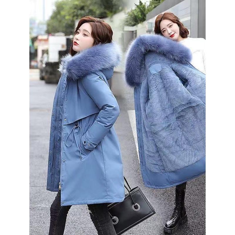 Parker Clothing Winter Women's Padded Jacket Mid-length Big Fur Collar Plus Velvet Padded Jacket Padded Jacket Thick Jacket