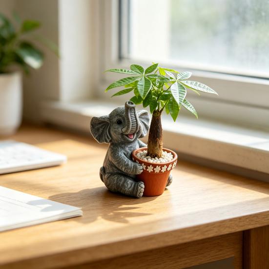 Cute Elephant Planter, Small Animal Flower Pot, Weatherproof Indoor Outdoor Cactus Air Plant Holder for Home Office Desktop Decor
