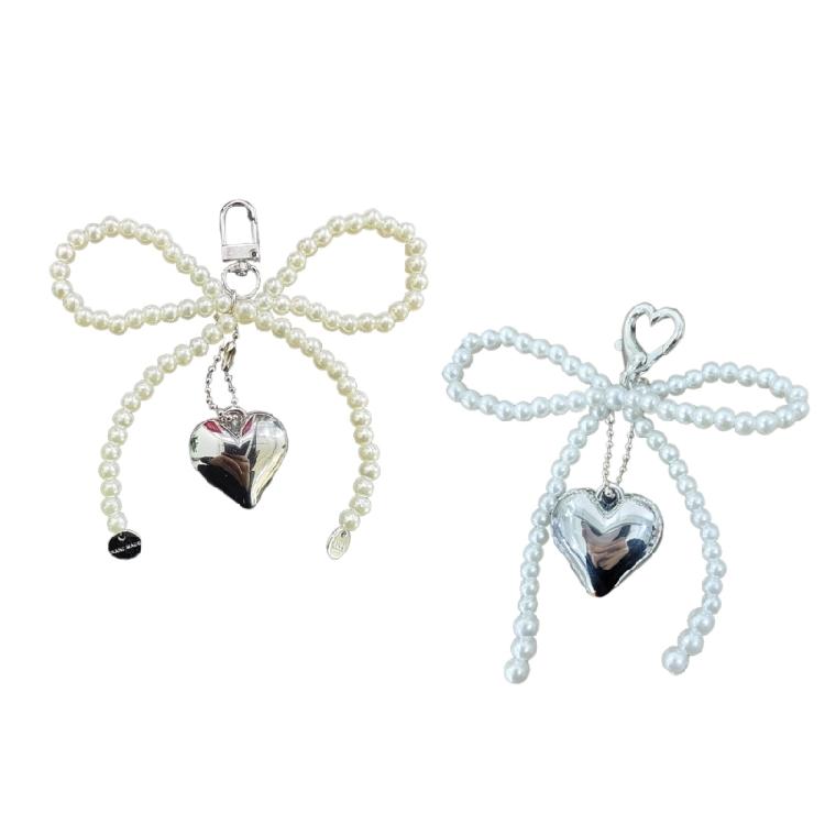 Fashionable Butterfly Ribbon Keychain Heart Pendant Imitation Pearls Key Chain