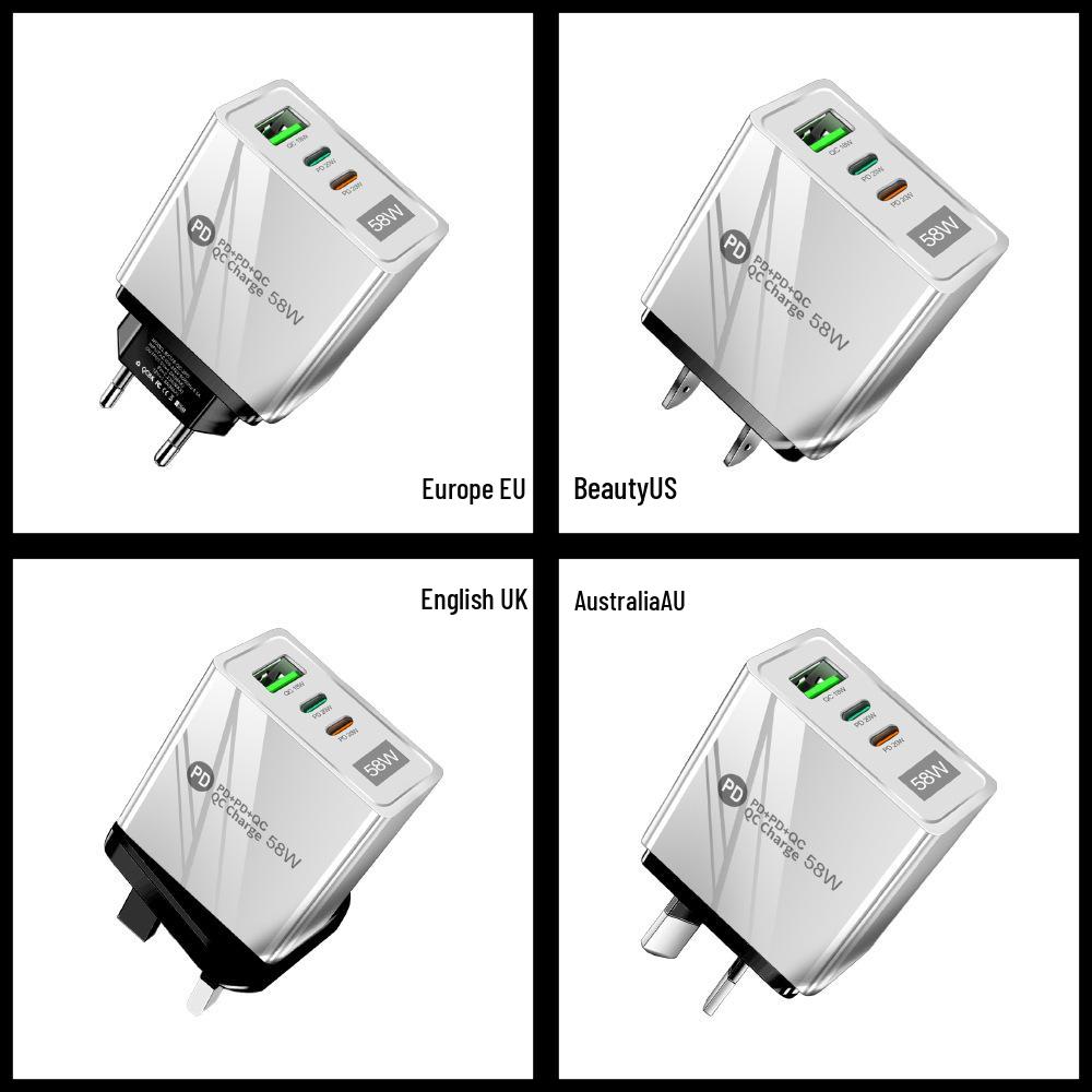 58W Dual Fast Charger with 2PD+QC3.0, Compatible with EU/US/UK Plugs.