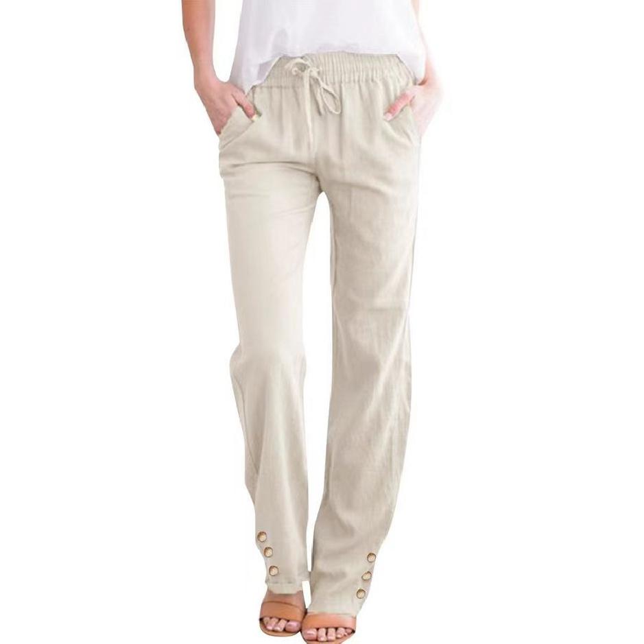 Grenzüberschreitende eBay Amazon wish Frühling Sommer Knopf Einfarbig Baumwolle Leinen Locker Kordelzug Knopf Lässige Weitbein Hose für Damen