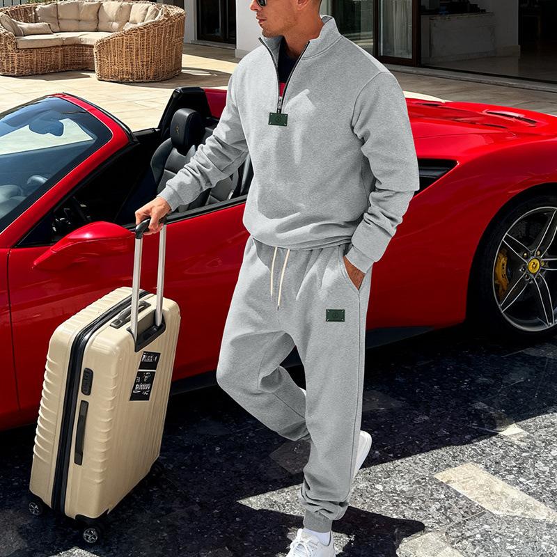 

Autumn Men Quarter Zip Stand Collar Tracksuit 2 Piece Set Jogger S серый
