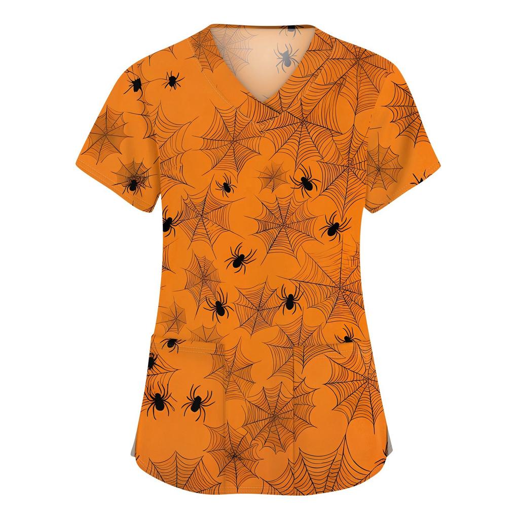 Dámské módní pracovní oděvy s krátkým rukávem a výstřihem do V s kapsami Halloweenské topy s potiskem