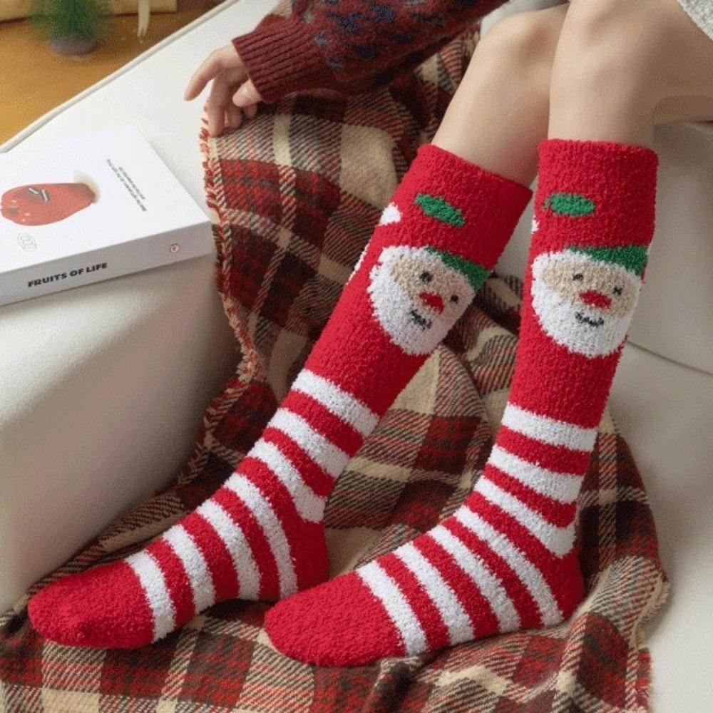 Snowflake Elk XmasTree Christmas Stocking Long Fluffy Socks Cartoon Sleeping Stockings  For Women