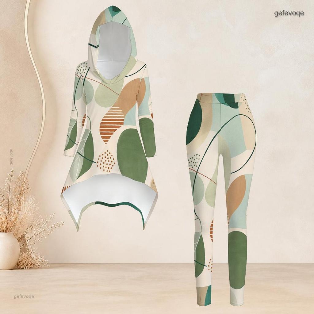 Women Plus Size Geometric Printed Hooded Long Sleeve High Low Top Fitted Pants Set