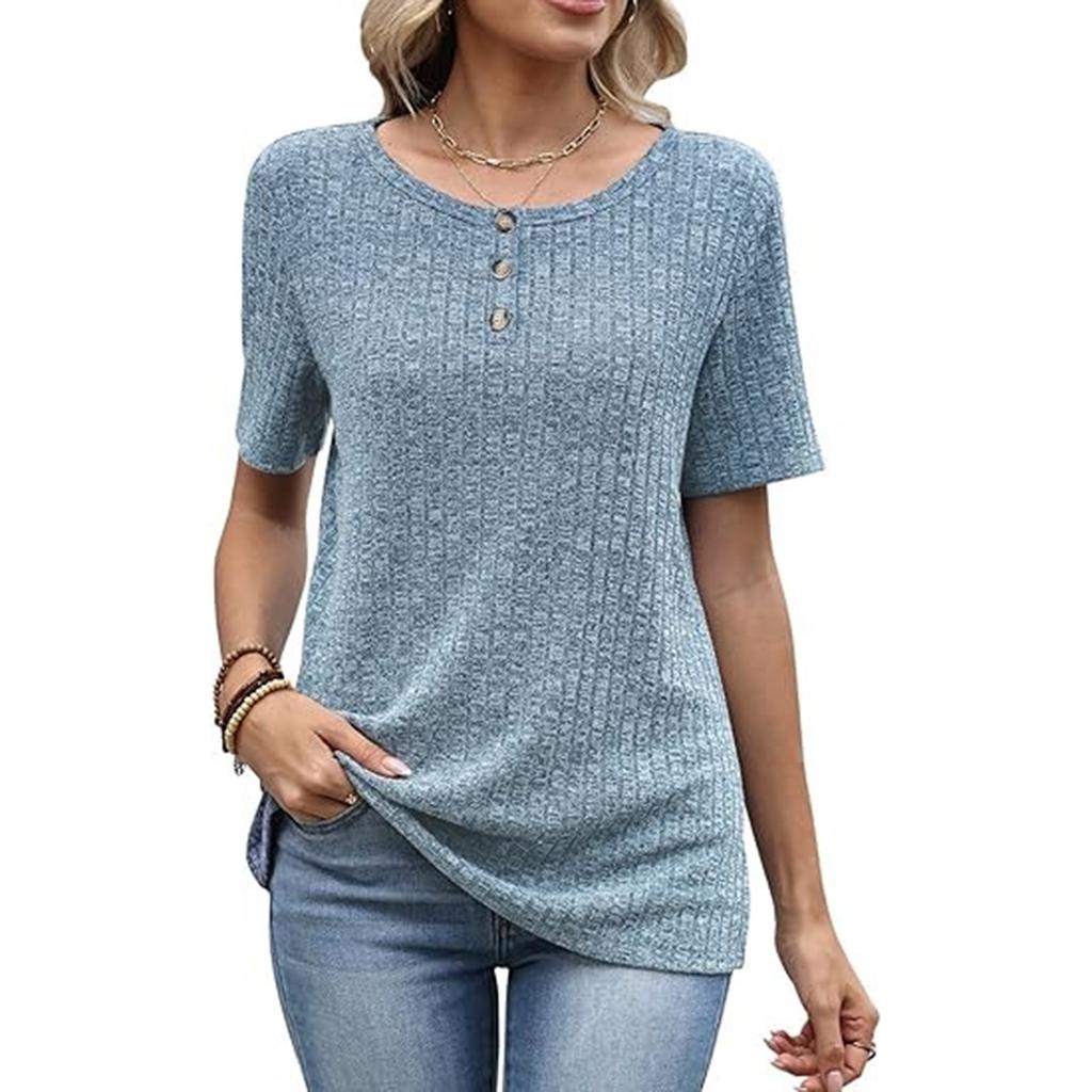 Women's Fashionable Casual Color Round Neck Short,sleeved Loose Top