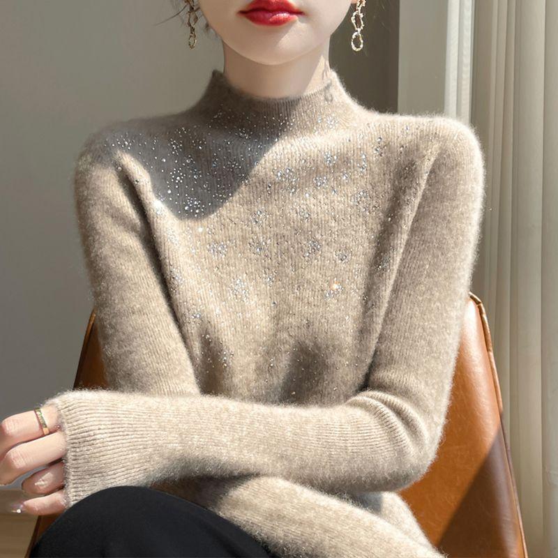 Temperament Hot Diamond Semi-turtleneck Sweater Women's Autumn and Winter New Skinny Long Sleeve Bottom Knitted Sweater Top