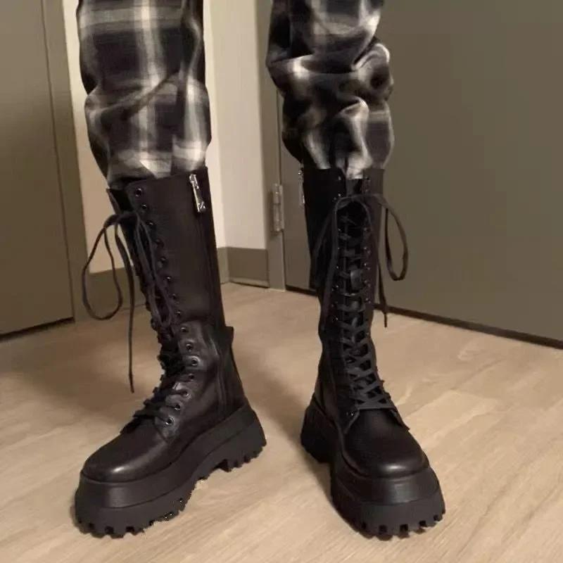 Fashion 2025 Fashion Chunky Platform Motorcycle Boots Women Autumn Winter Pu Leather Knee High Boots Woman Punk Thick Bottom Long Botas