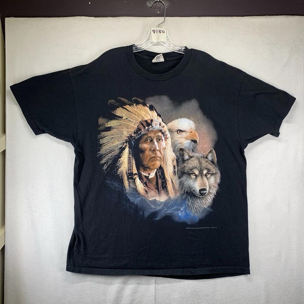Vintage Nature T-Shirt XL Black Native Indian Eagle Wolf Big Front Graphic 1993