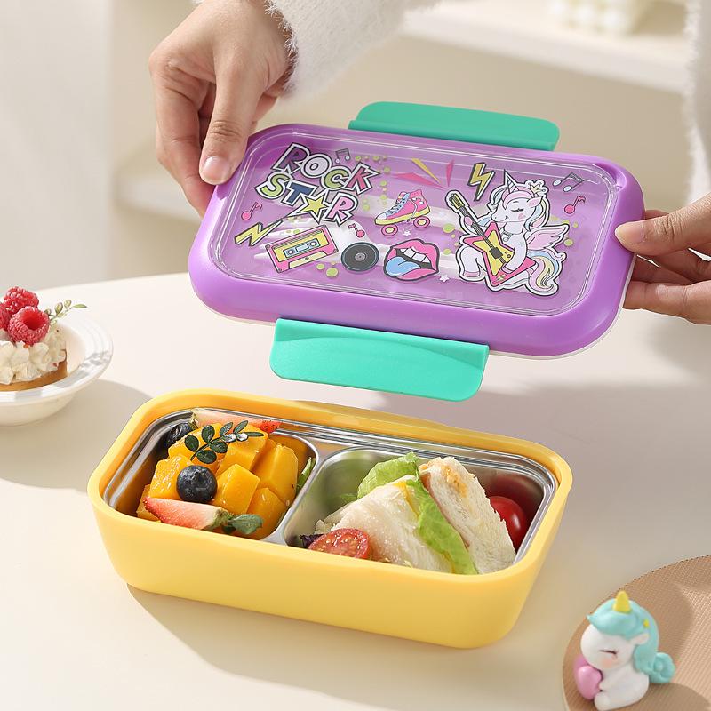 Isolierte Kinder-Lunchbox mit Cartoon-Trennern, Löffel und auslaufsicherem Schnappverschluss - Doppelkammer 304 Edelstahl.