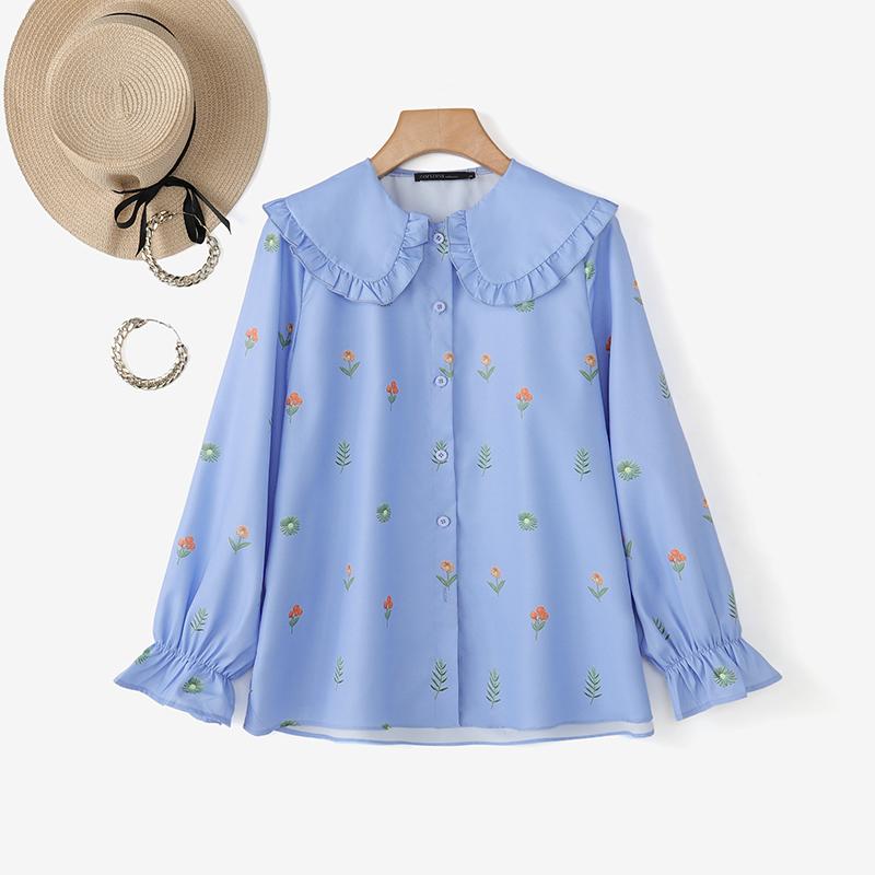 ZANZEA Damen Lässig Puppenkragen Locker Langarm Geblümte Bluse