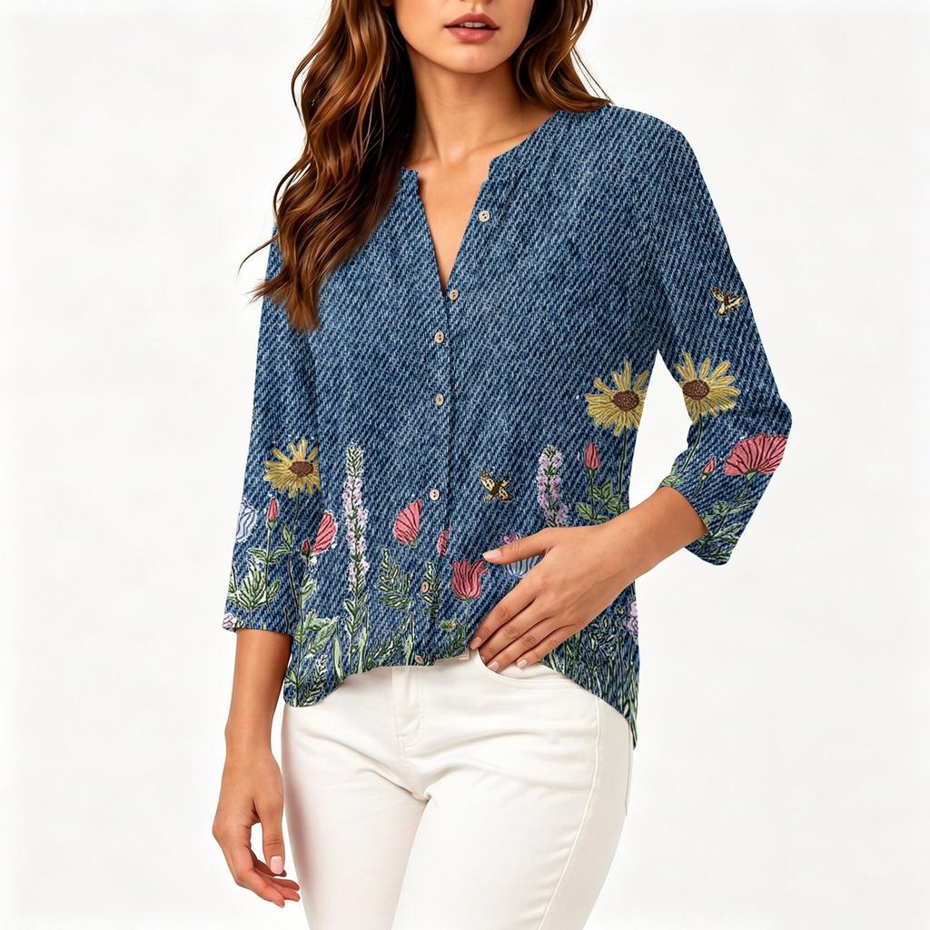 Women's Vintage Floral Print Henley Button Neck Three Quarter Sleeve Linen Cotton Blouse Casual Loose Fit Shirt for Everyday Wear
