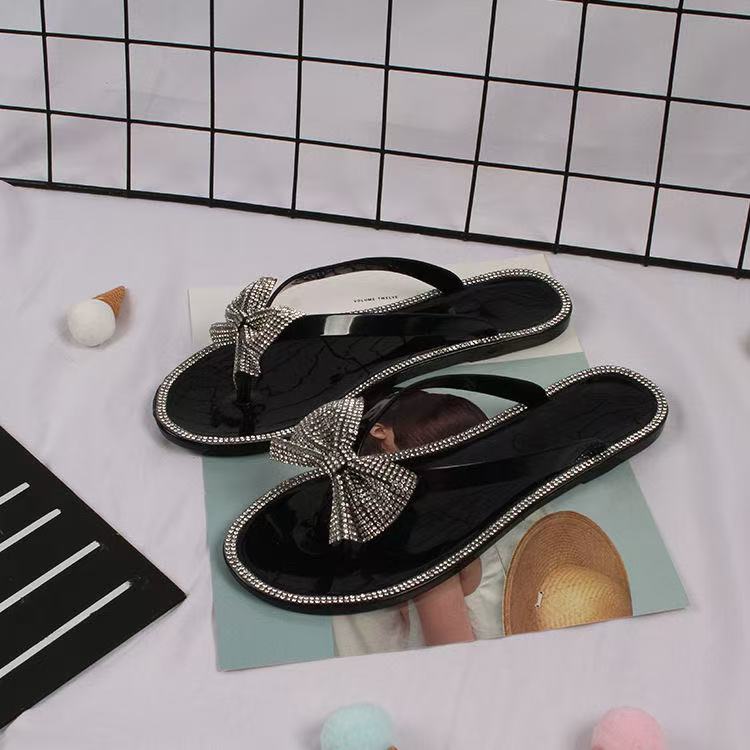 Fashion 2024 Spring/summer new large size flip flops women bow knot rhinestones outdoor leisure beach flat home sandals/slippers