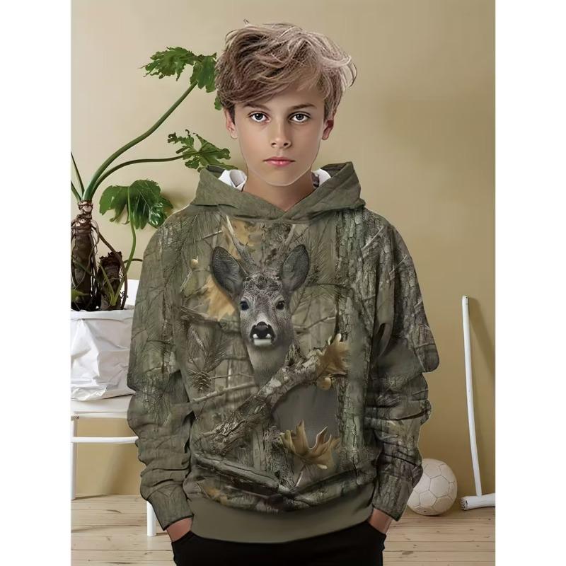 Felpe da Caccia al Cervo per Ragazzi Animali Mimetismo Outdoor Stampa Completa 3D Primavera Autunno Vestiti per Bambini Semplice Casual Felpa Top