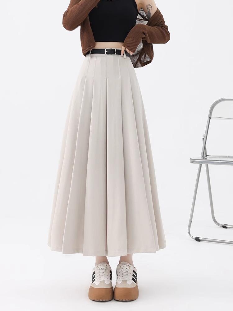 Women's High Waist Gray A-Line Pleated Mid-Length Skirt - Spring, Summer, Autumn 2025