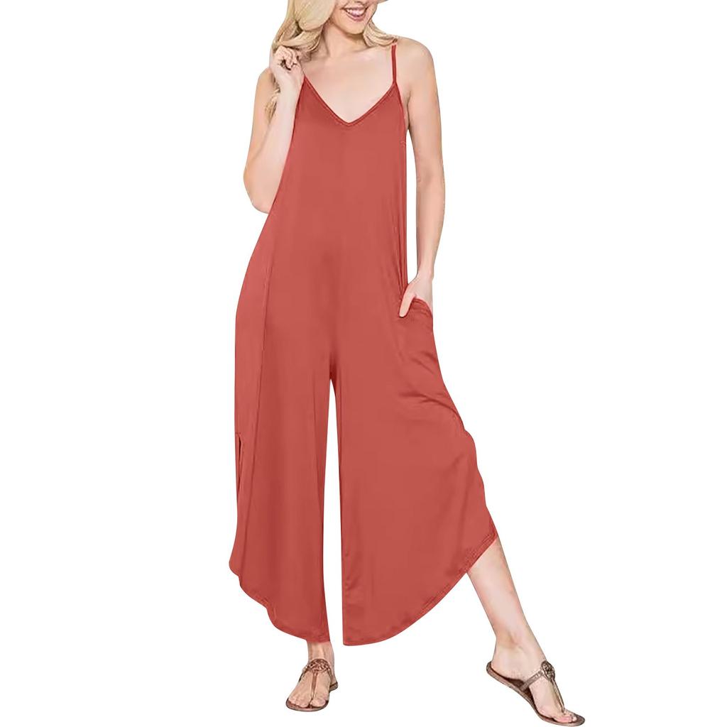Women's Backless Suspender Double Pocket Side Slit Jumpsuit