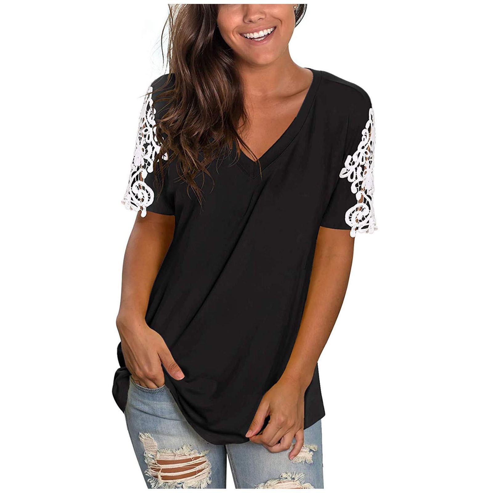 

New women s lace short-sleeved V-neck T-shirt loose casual women s top collage design S чёрный