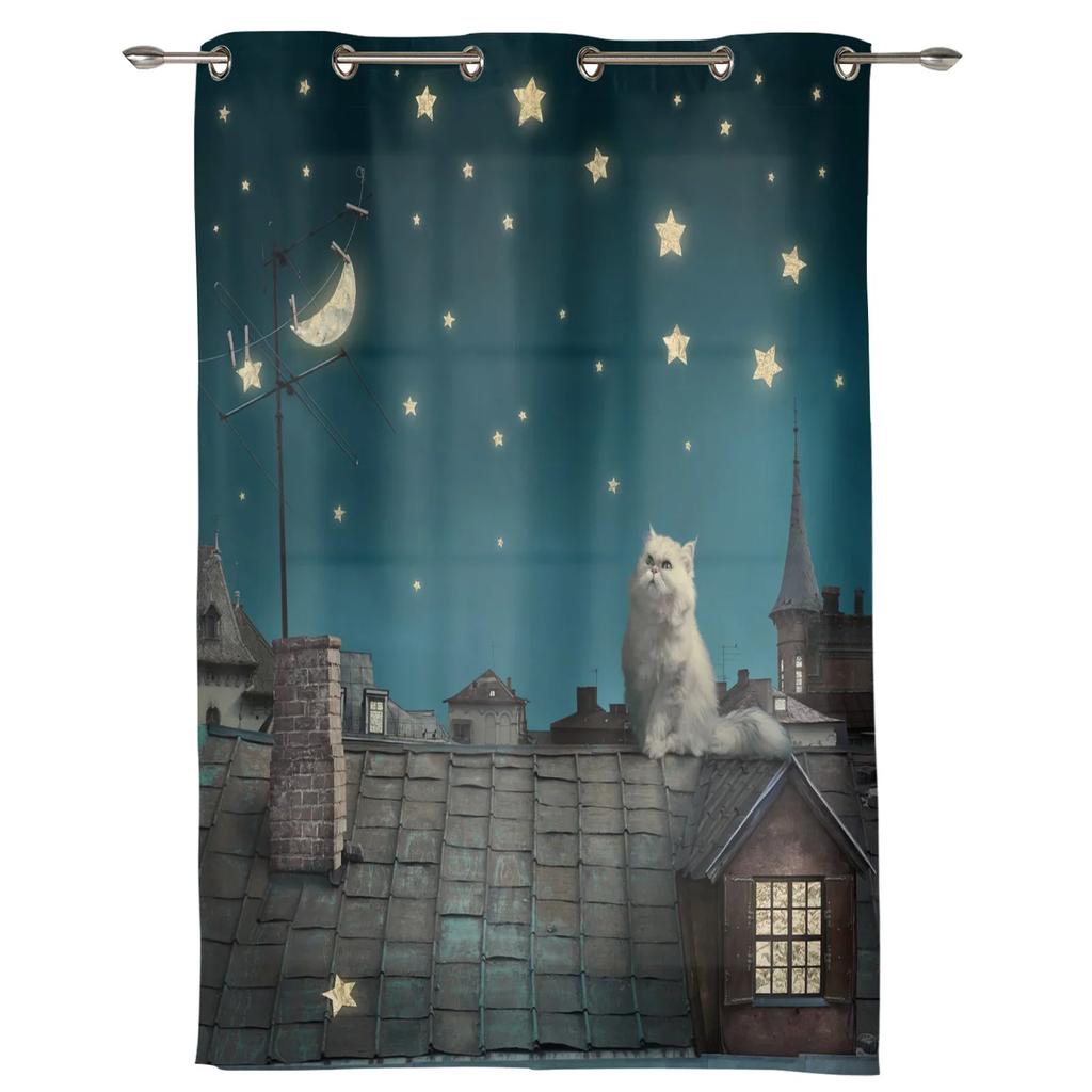 Cat Roof Kitten Night Moon Stars Curtains for Bedroom Living Room Drapes Kitchen Children's Room Window Curtain Home Decor