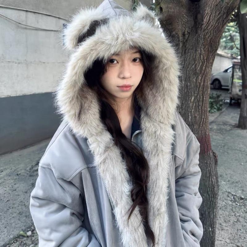 Abbigliamento in cotone con cappuccio e colletto in pelliccia con orecchie da gatto intagliate in montagna, giacca corta invernale da donna in camoscio e peluche, ispessita