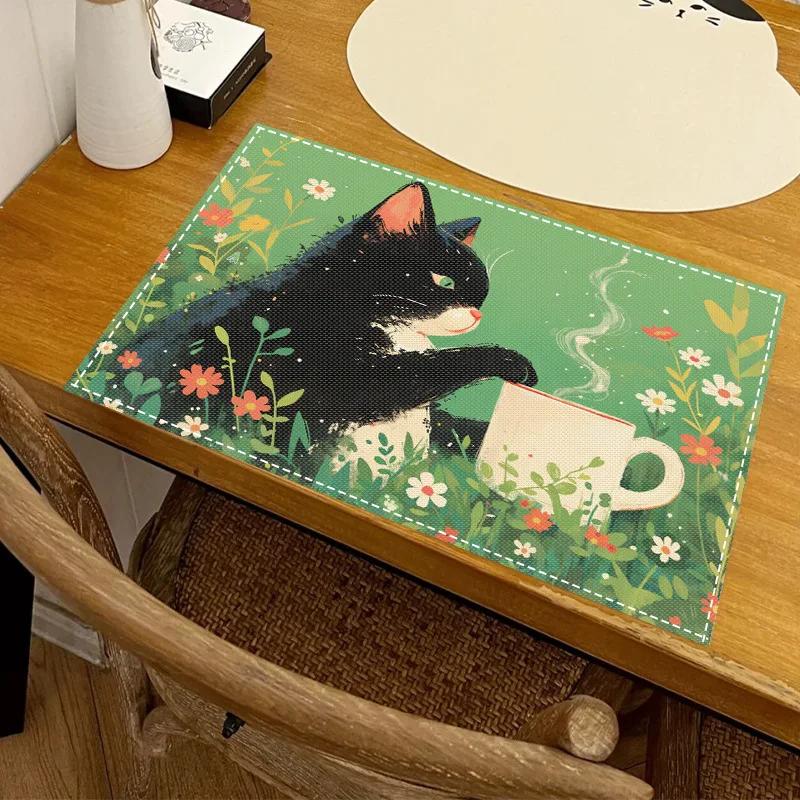 1PC Cartoon Black Cat Print Placemat Dining Table Decor Linen Tableware Coaster Set Kitchen Accessories For Kids Birthday Party