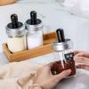 LISM 3-Piece Glass Oil and Seasoning Bottle Set with Integrated Spoon Lids