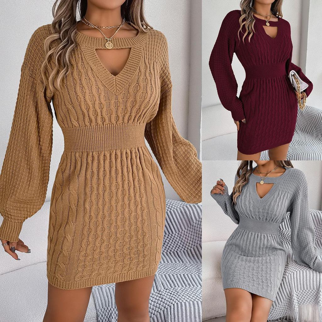 Autumn Winter Sexy Cross V Neck Batswing Sleeve Solid Color Wrap Hip Woolen Dress