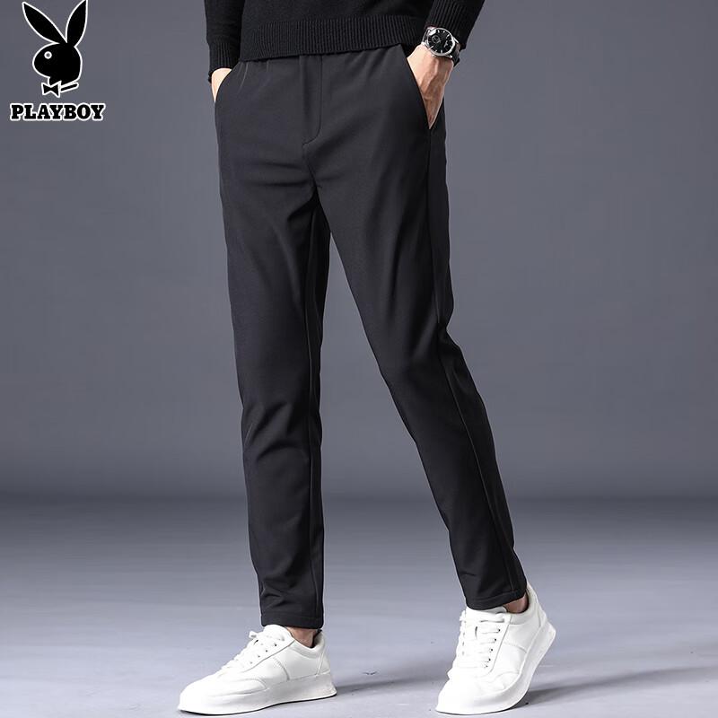 PLAYBOY Casual Pants for Men, Spring And Summer Trousers, Business Slim-Fit Trendy Elastic Long Pants, Black, Size 29