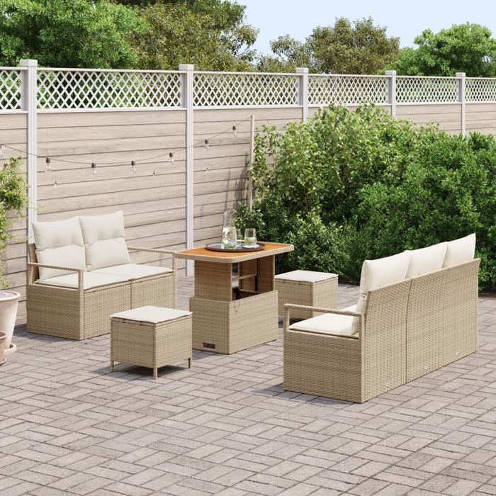 Ensemble de 8 pièces de Canapés de Jardin avec Coussins Rattan Beige Poly Acacia, Canapé de Jardin 2 Places avec Coussins 3362471