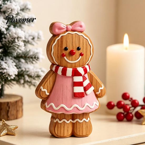 Seasonal Decorative Figures Christmas Gingerbread Man Ornament, Hand Painted Vintage Wooden Tabletop Cute Decor Figurine, Rustic Holiday for