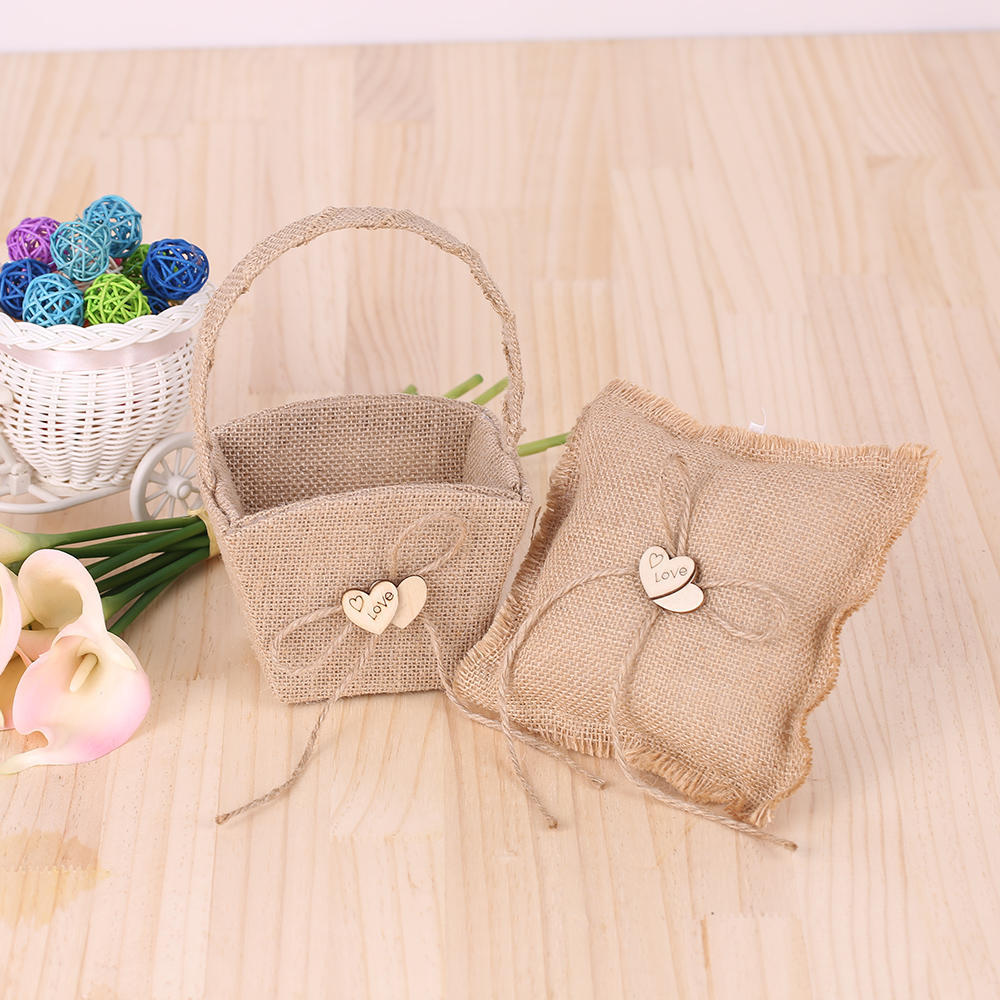 6*6 cali Vintage juta podwójne serce pierścień na okaziciela poduszka i rustykalny ślubny kwiat dziewczyna kosz zestaw