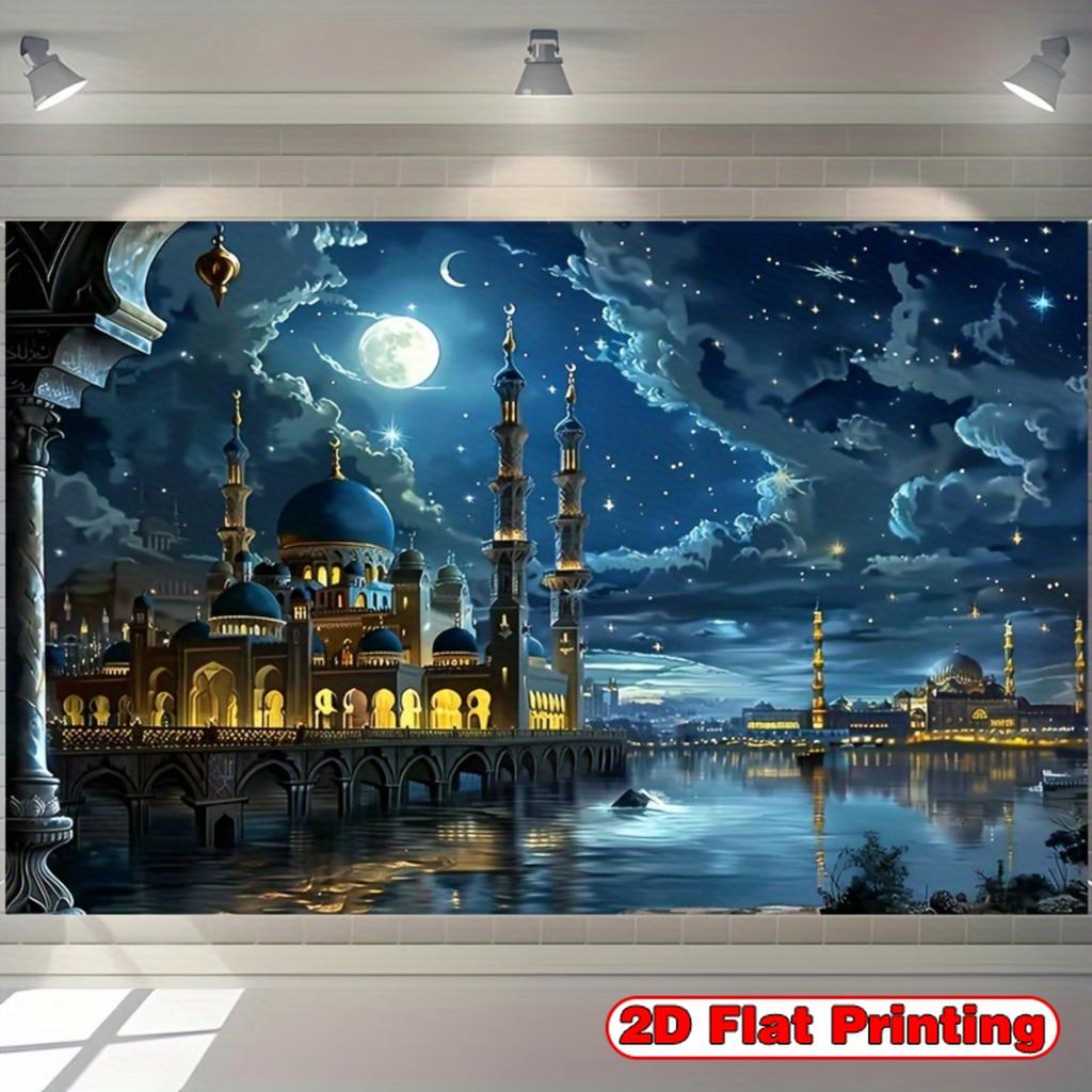 Islamic Theme Tapestry Middle Eastern Night with Mosque and Castle Dark Blue Gold Pattern for Wedding Ramadan Home Decor