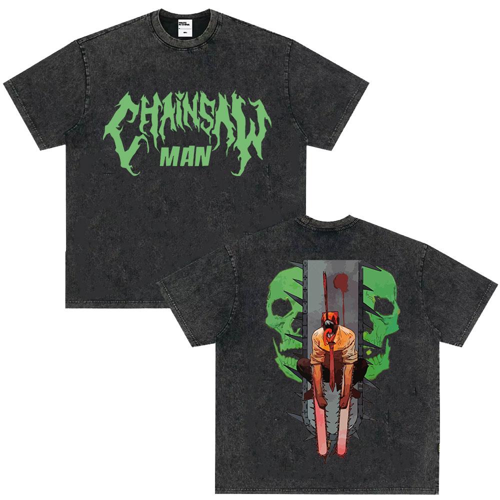 Japanese Anime Chainsaw Man Kobeni Metal Denji Tshirt Vintage Washed Manga Graphic T Shirts Unisex Couples Short Sleeve T Shirt