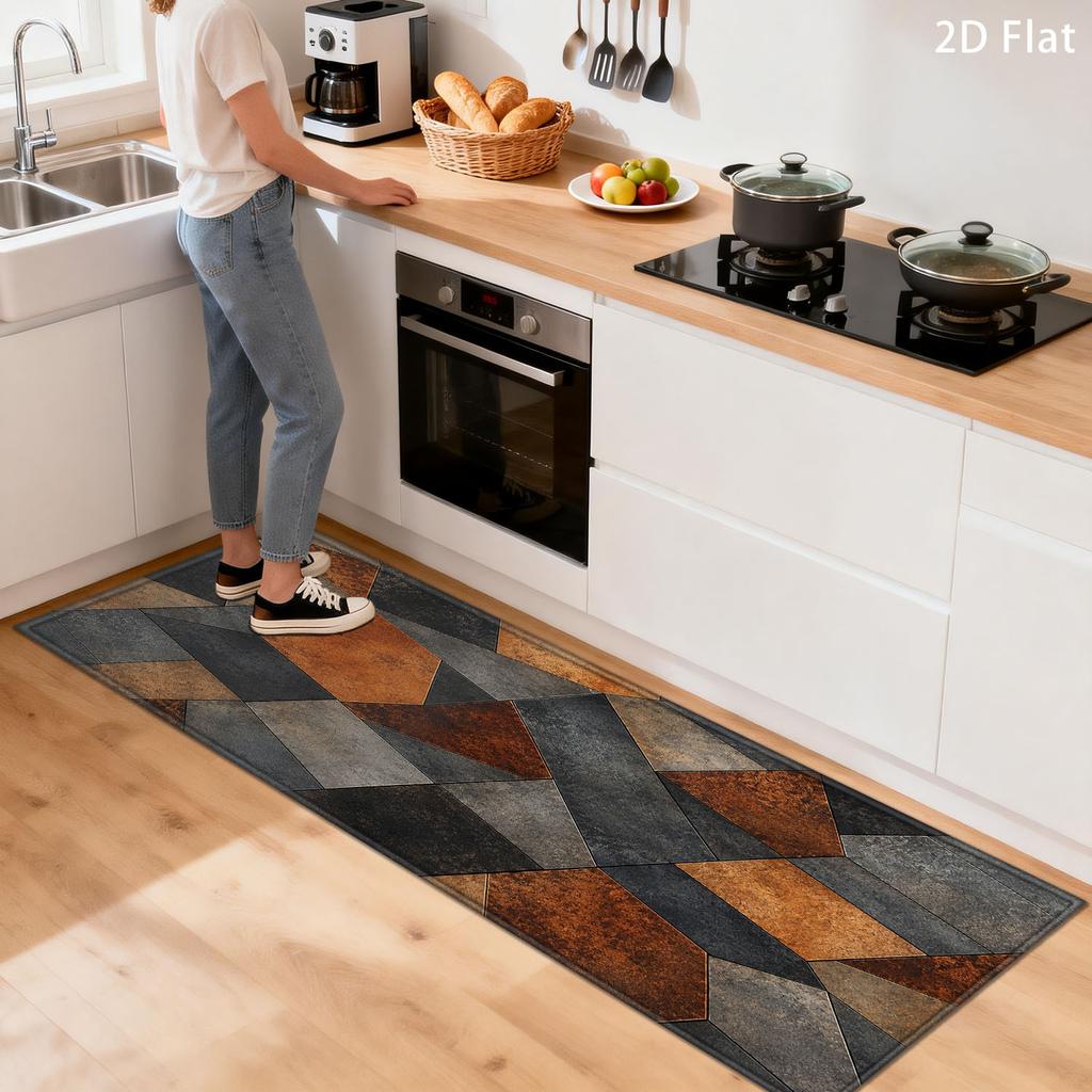 1Pcs Anti Fatigue Kitchen Rugs Geometric Rust Print Waterproof Non Slip Thick Cushioned Mat