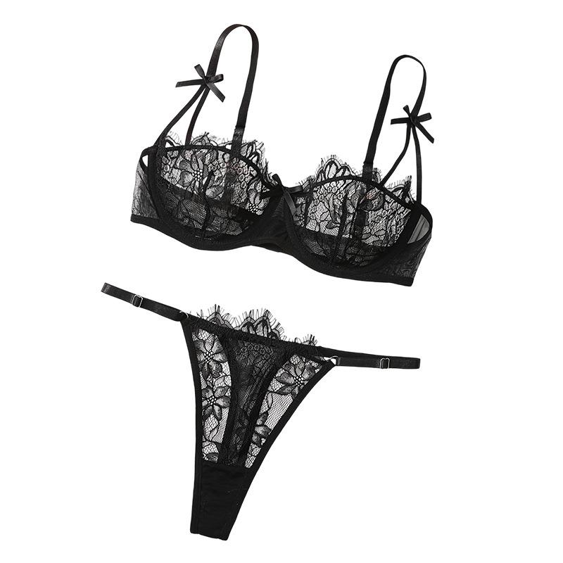 Thin mesh eyelash lace lingerie for women, a little sexy black pure see-through bra, underwear and underpants set