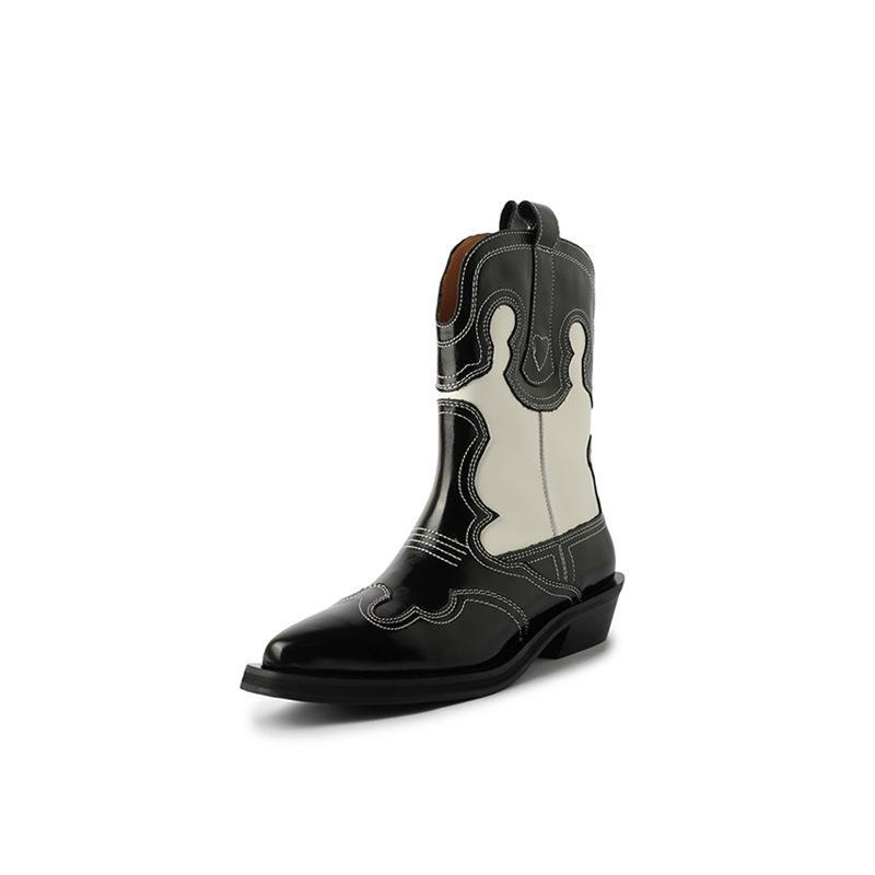 French Black & White V-Neck Embroidered Cowboy Boots, Mi Jie Style, Medium-High Tube, European & American Women's Short Boots