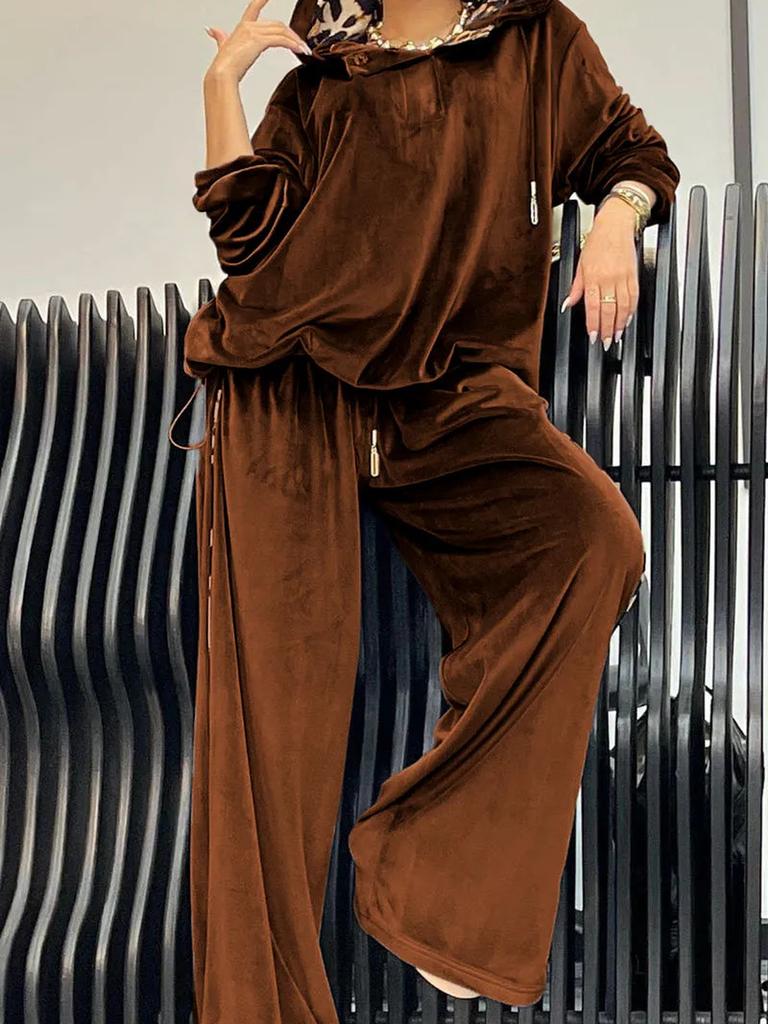 Oversized Casual Two-Piece Leopard Print Hoodie and Pants Set for Women