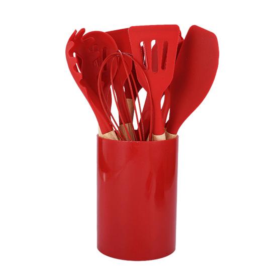 12Pcs Silicone Kitchenware Set Turner Spatula Spoon Non-Stick Heat Resistant Cooking Utensils with Wooden Handles Storage Bucket
