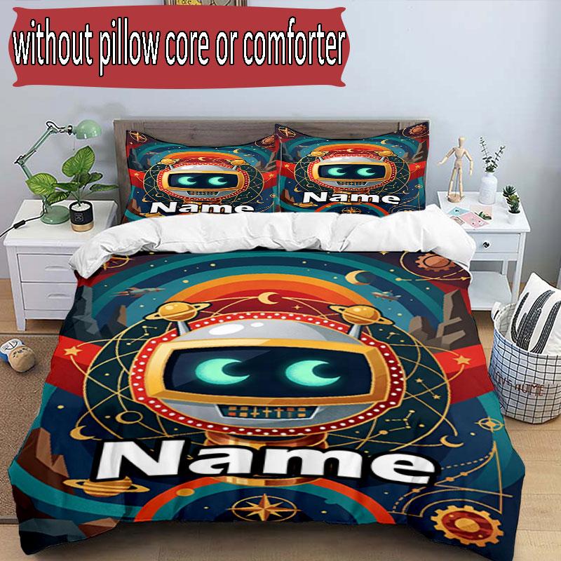 3pcs Duvet Cover Set (1*Duvet Cover + 2*Pillowcase, Without Core), Custom Name Cosmic Bot Crew Pattern Bedding Set, Home Bedroom Decor Gift