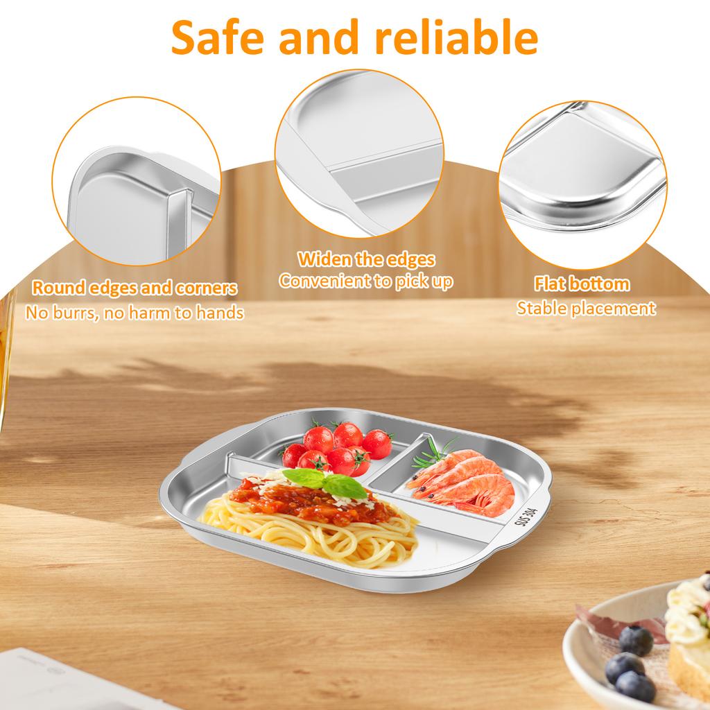 2 Pcs 304 Stainless Steel Dining Tray 3 Compartments Snack Fruit Plate Reusable Divided Dinner Plates for Home School Restaurant