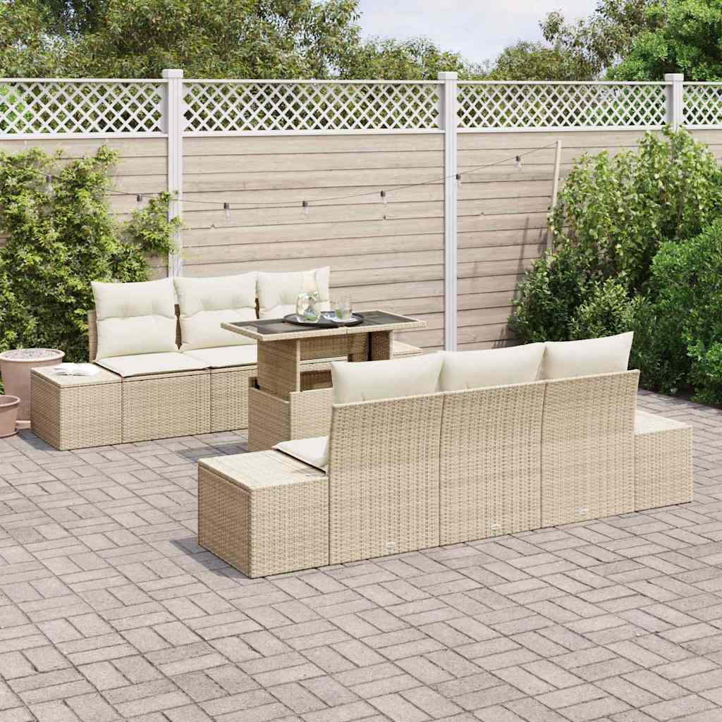 Sofa Set with Cushions 7 Pcs Beige and Cream Poly Rattan