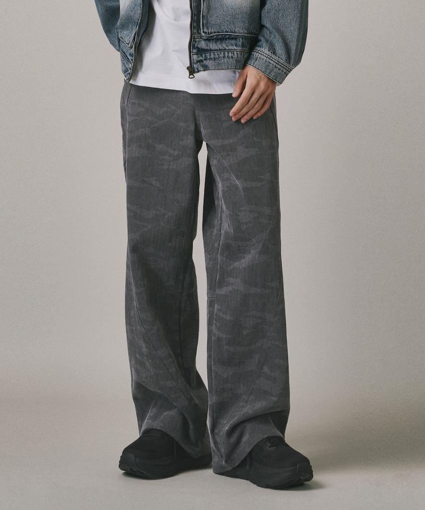 Beodeonteu Curved Cut Camo Herringbone Wide Cotton Pants [Charcoal]