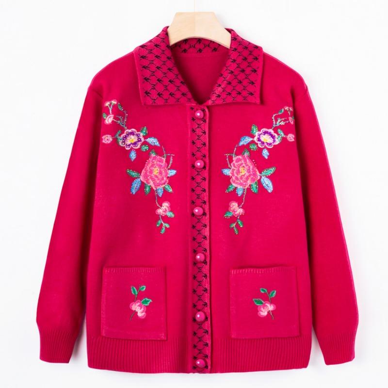 Middle-aged and Old Women's Clothing New Autumn Embroidered Sweater Jacket Grandma Knitted Sweater Lapel Top Mom Cardigan